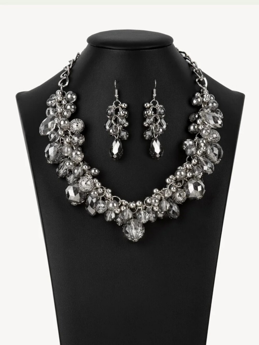 Silver Crystal Cluster Necklace and Drop Earrings Set Zi Collection